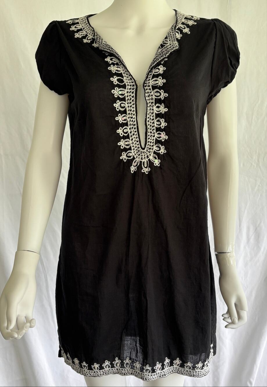 Steve Madden Black Embroidered Sequin Cotton Tunic Top Boho Peasant Large